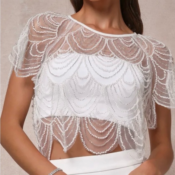 Everlasting Poise White Sheer Pearl Beaded Two-Piece Maxi Dress - Picture 3 of 6